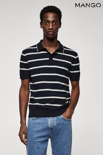 Mango Blue Striped Textured Knit Polo Shirt (105667) | £36