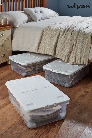Wham Set of 3 Clear Uni 32L Plastic Storage Box With Folding Lid and Wheels (107169) | £36