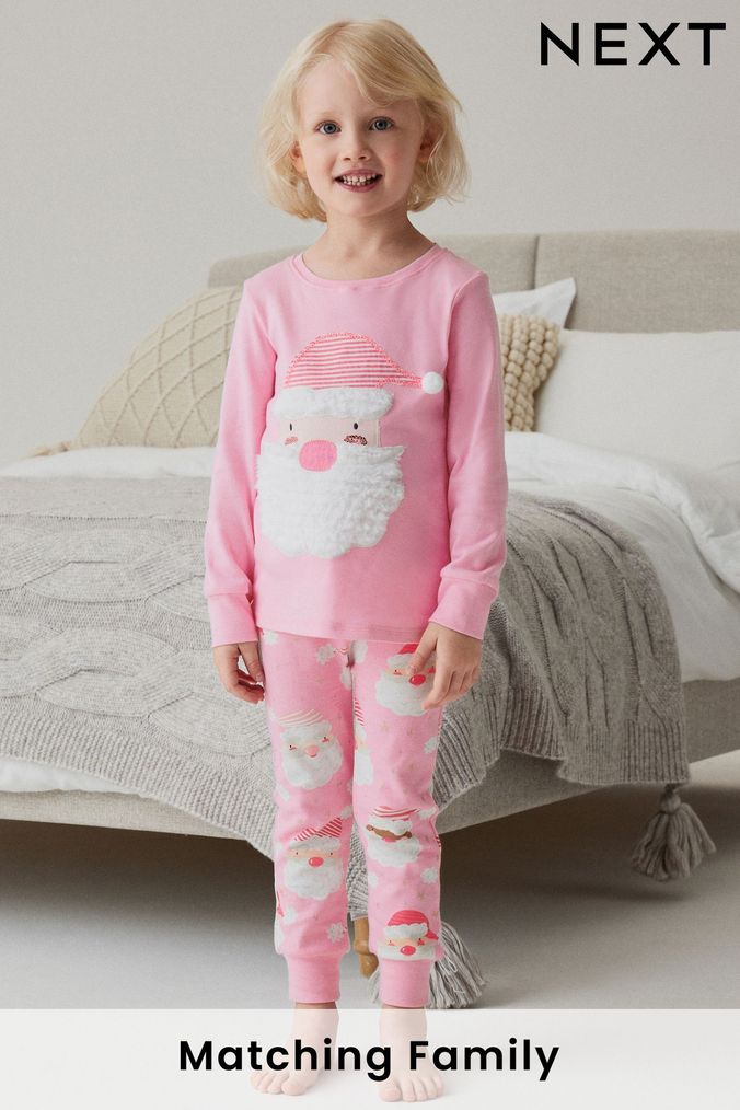 Pink/White Santa Matching Family Younger Girls Christmas Pyjamas (9mths-12yrs) (107838) | £13 - £18