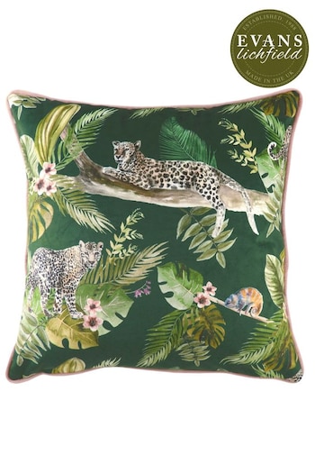 Evans Lichfield Green Jungle Leopard Velvet Polyester Filled Cushion (108308) | £17