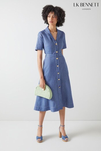 LK Bennett Denim Blue Britt Linen Cotton Shirt Dress (108889) | £349