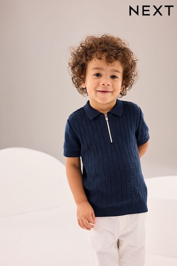 Navy organic-cotton Polo Short Sleeve Zip Neck Sweater (3mths-7yrs) (108982) | £12 - £14