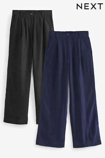Black/Navy Blue Linen Blend Wide Leg Trousers 2 Pack (109681) | £46