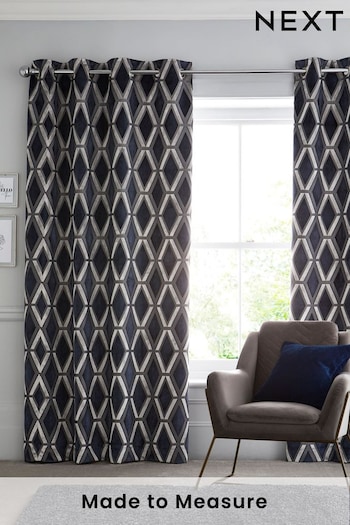 Navy Blue Collection Luxe Heavyweight Geometric Cut Velvet Made To Measure Curtains (110342) | £137
