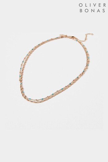 Oliver Bonas Blue Vera Double Row Blue & Gold Chain Necklace (110571) | £22