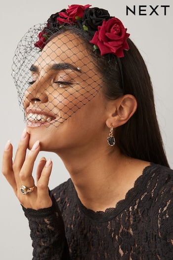Black/Red Halloween Rose Headband With Veil (113054) | £16
