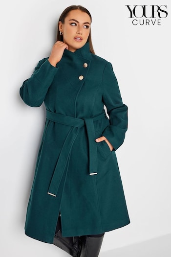 Yours Curve Green Belted Military Coat (113926) | £75