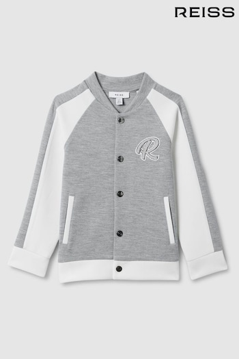 Reiss Soft Grey/White Pelham Teen Jersey Varsity Jacket (114063) | £30