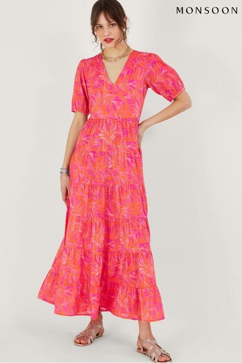 Monsoon Orange Tiered Leaf Print Maxi Dress (115535) | £100