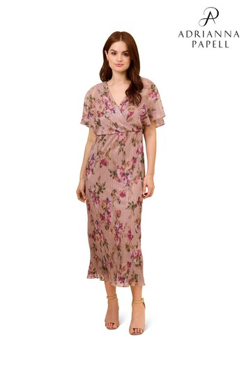 Adrianna Papell Pink Floral Metallic Crinkle Dress (115803) | £189