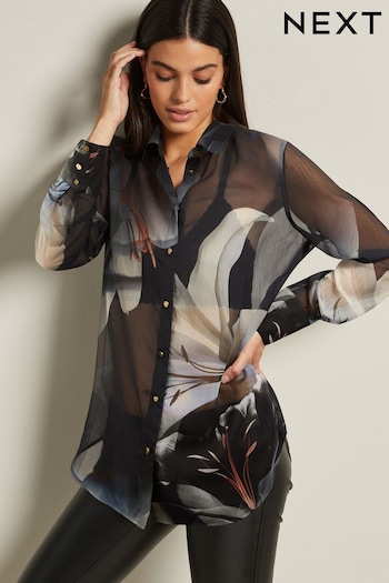 Navy Blue Lily Placement Print Gold Button Detail Sheer Long Sleeve Shirt (115940) | £28