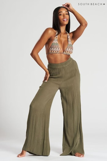 South Beach Green Crinkle Vicose Wide Leg Trousers (116098) | £26