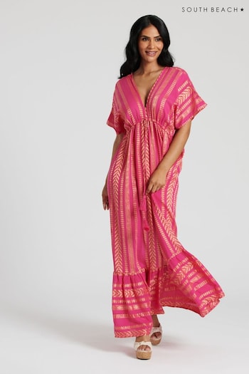 South Beach Pink Metallic Jacquard V-Neck Maxi your Dress (116123) | £44