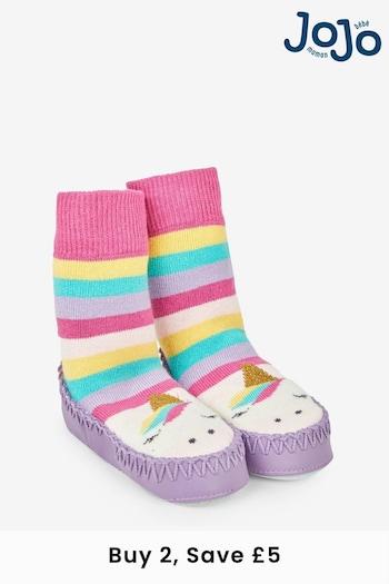 JoJo Maman Bébé Fuchsia Girls' Unicorn Moccasin Slipper Socks (116177) | £12.50