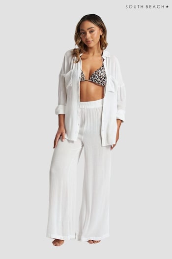 South Beach White Crinkle Vicose Wide Leg Trousers (116477) | £26