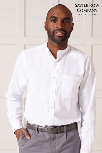 Savile Row Company Linen Cotton Blend Grandad Collar White Shirt (116530) | £50
