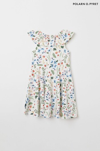 Polarn O. Pyret White Organic Cotton Strawberry Print Frilled Dress (117330) | £30