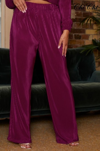 Chi Chi London Berry Red Elasticated Waist Wide Leg Plisse Trousers (117415) | £45