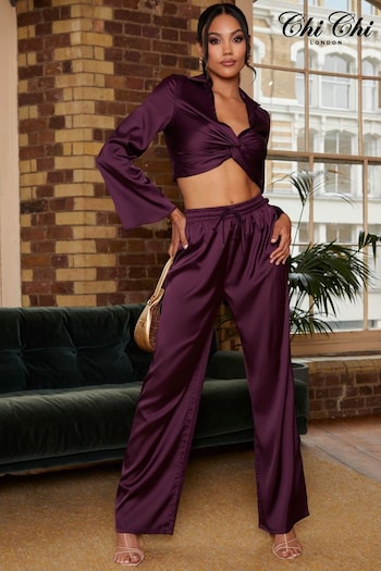 Chi Chi London Purple Elasticated Waist Wide Leg Plisse Trousers FCB (117475) | £45