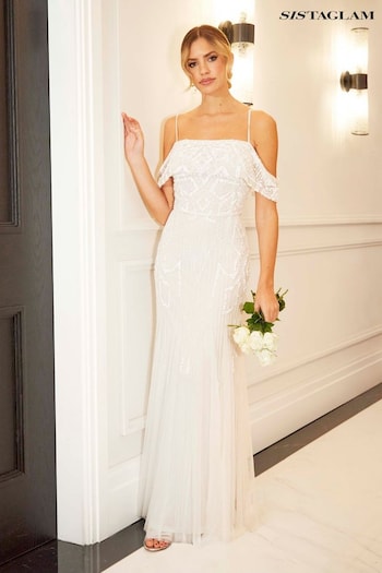 Sistaglam White Bardot Embellished Bridal Fishtail Maxi Dress (117576) | £170
