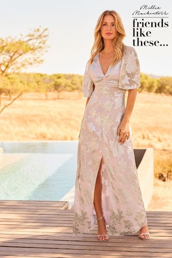 Trending: Top & Short Sets Pink Flutter Cape Sleeve V Neck Maxi Dress (117718) | £75