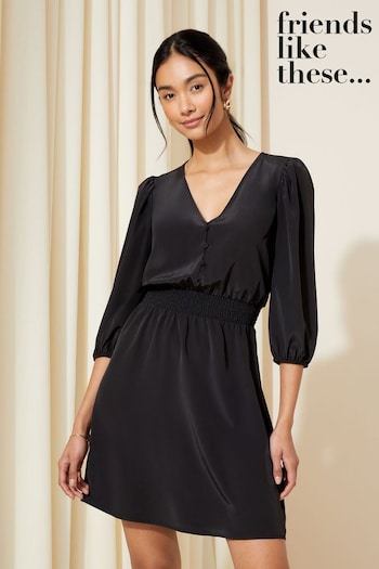 Friends Like These Black Shirred Waist 3/4 Sleeve Mini Dress (117807) | £34