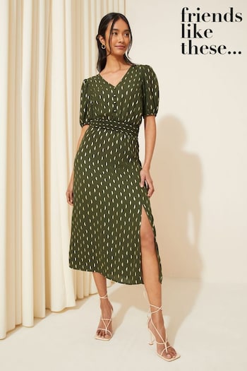 April Top Picks Khaki Green Puff Sleeve Ruched Waist V Neck Midi Summer Dress (118028) | £40