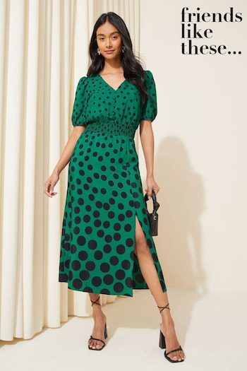 Friends Like These Green Polka Dot Puff Sleeve Ruched Waist V Neck Midi Summer Dress (118132) | £39