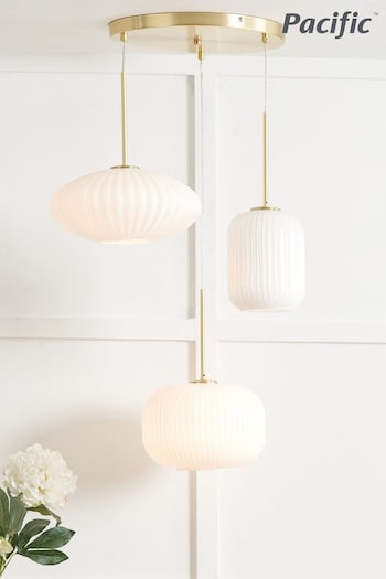 Pacific White Alexa Ribbed Glass and Gold Metal Multi Drop Ceiling Light (118410) | £250