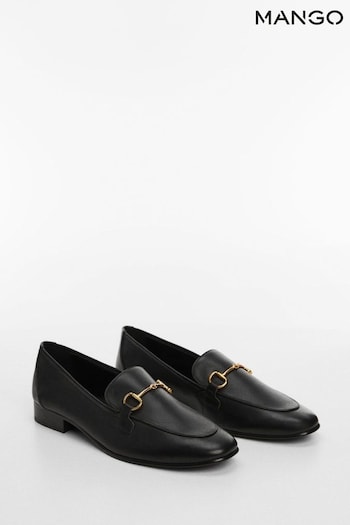 Mango Black Leather Loafers with Gold Metal Buckle (118588) | £60