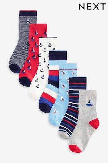 Blue/Red Nautical Stripe/Boat Cotton Rich Socks 7 Pack (118777) | £8 - £9