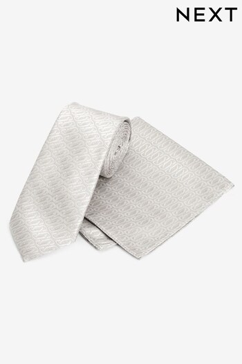 Champagne Silver Geometric Slim Party Tie And Pocket Square Set (118892) | £16