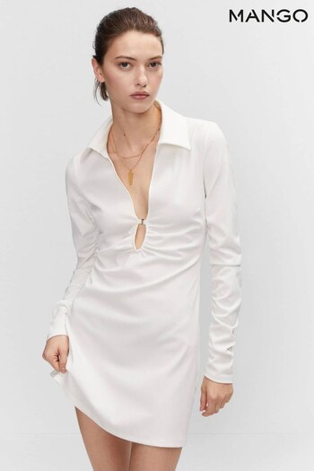 Mango Neckline White Dress With Gathered Details (119373) | £60
