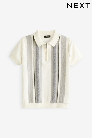 White/Grey Knitted Vertical Patterned Short Sleeve Polo Shirt (3mths-7yrs) (119955) | £13 - £15