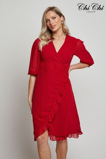 Chi Chi London Red Puff Sleeve Dobby Ruffle Wrap Mini Dress (121031) | £60