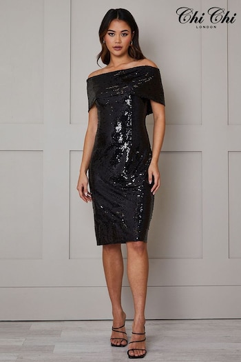 Chi Chi London Black Bardot Sequin Bodycon Midi Dress (121063) | £98