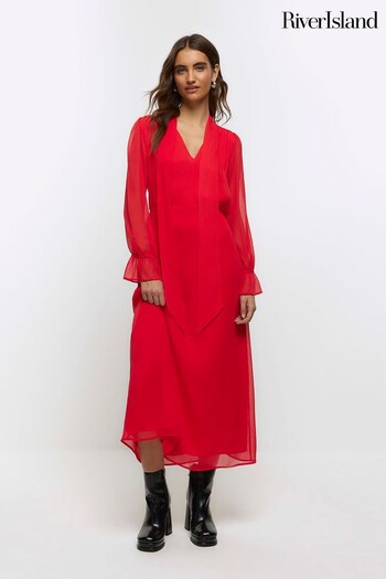 River Island Red Pussybow Midi Tea Dress Modelagem (121374) | £50