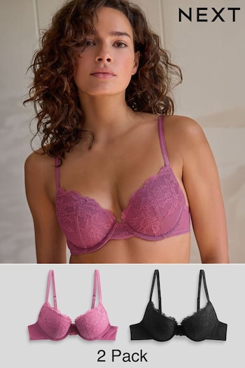 Rose Pink/Black Push Up Pad Plunge Lace Bras 2 Pack (122138) | £26