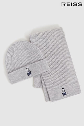 Reiss Soft Grey Melange Talbert Junior Wool Motif Beanie Hat and Scarf Set (122795) | £30