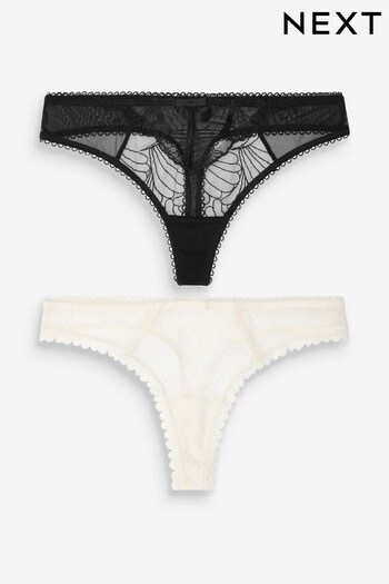 Black/Cream Thong Embroidered Knickers 2 Pack (122819) | £10
