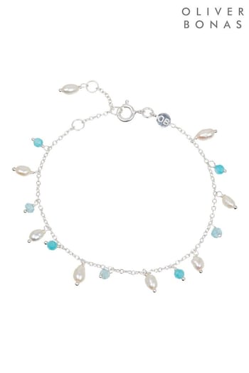 Oliver Bonas Blue Mae Apatite Amazonite & Freshwater Pearl Silver Chain Bracelet (123031) | £42