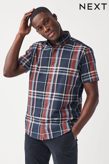 Navy Blue/Burgundy Red Check Easy Iron Button Down Oxford Shirt (124028) | £20
