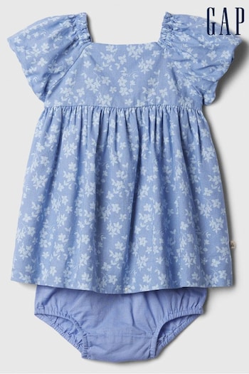 Gap Blue Linen Blend Baby Floral Puff Sleeve Top and Shorts Set (Newborn-24mths) (124859) | £30