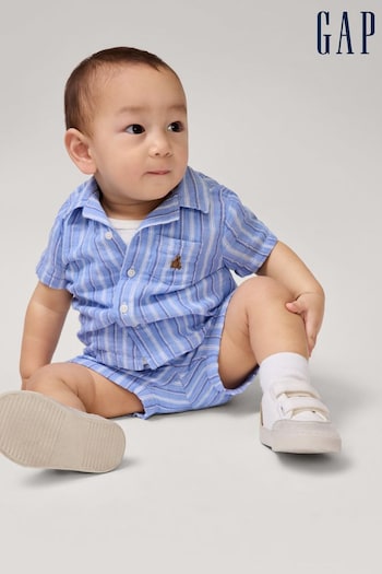 Gap Blue Stripe Crinkle Cotton Brannan Bear Shirt and Shorts Set  (Newborn-24mths) (124863) | £25