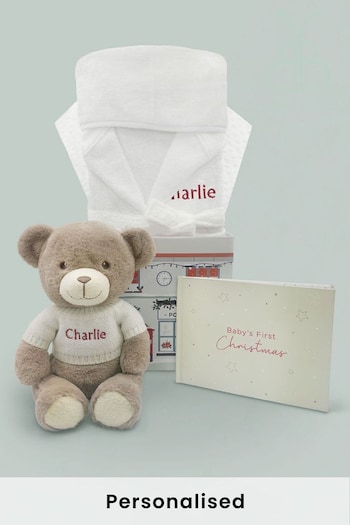 Personalised Baby's First Christmas Frankie Bear with Bathrobe and Book Set (125035) | £92