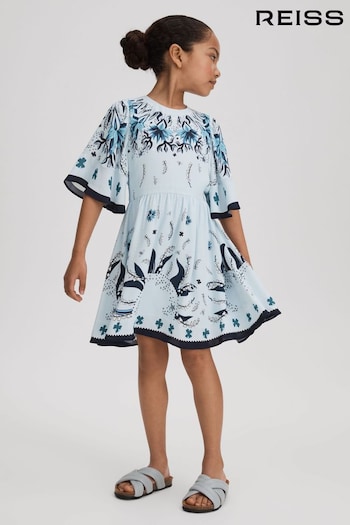 Reiss Blue Ania Junior Printed Flared Sleeve Dress (125927) | £85
