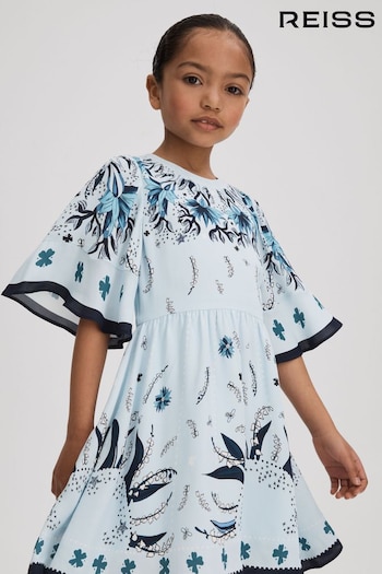 Reiss Blue Ania Senior Printed Flared Sleeve Dress (125936) | £93