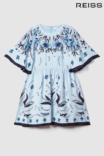 Reiss Blue Ania Teen Printed Flared Sleeve Dress (125952) | £99