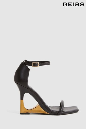 Reiss Black/Gold Cora Leather Strappy Wedge Heels (125970) | £198