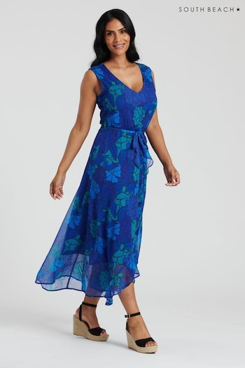 South Beach Blue Chiffon V-Neck Frill Wrap Midi Dress (127674) | £42